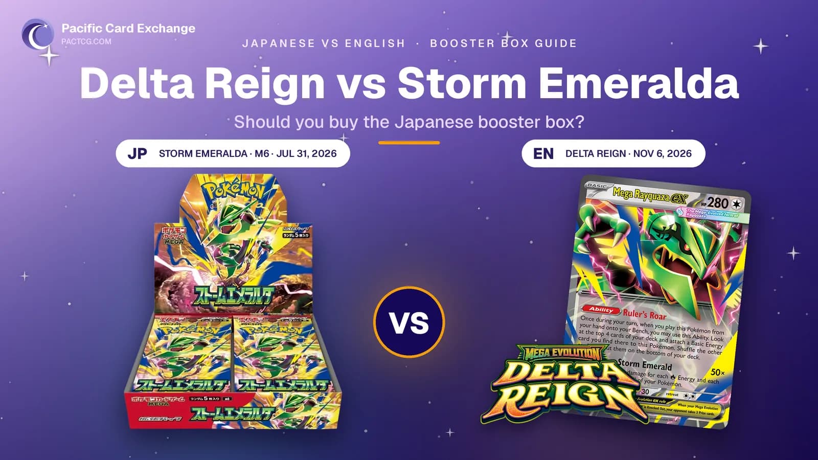 Japanese Storm Emeralda (M6) booster box beside the English Delta Reign logo and a Mega Rayquaza ex card, split by a VS badge, on a purple Pacific Card Exchange banner comparing the two sets.