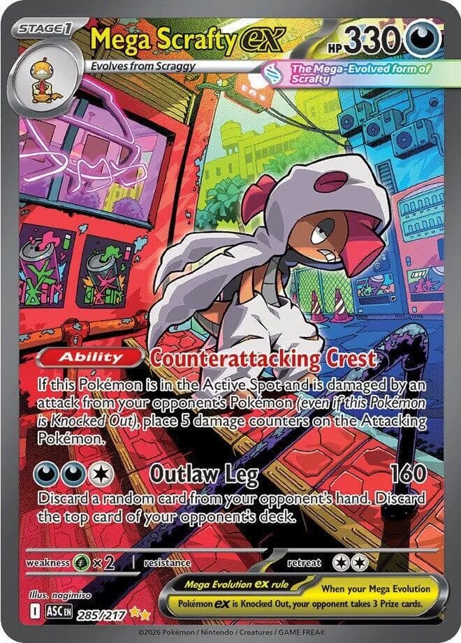 Mega Scrafty ex 285/217, Special Illustration Rare, ME: Ascended Heroes (English) Pokémon card
