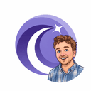 An illustrated portrait of Bryce Watson smiling in front of a purple circular logo featuring a white shooting star.