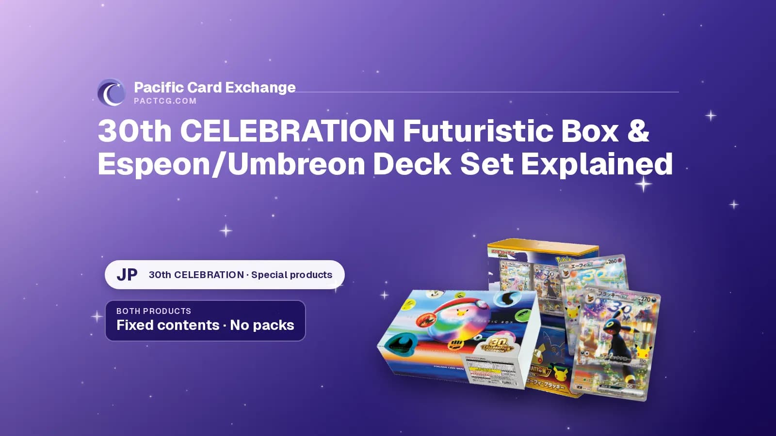 Title 30th CELEBRATION Futuristic Box & Espeon/Umbreon Deck Set Explained beside the sealed Futuristic Box, the Premium Deck Set Espeon & Umbreon and the Umbreon ex and Espeon ex cards.