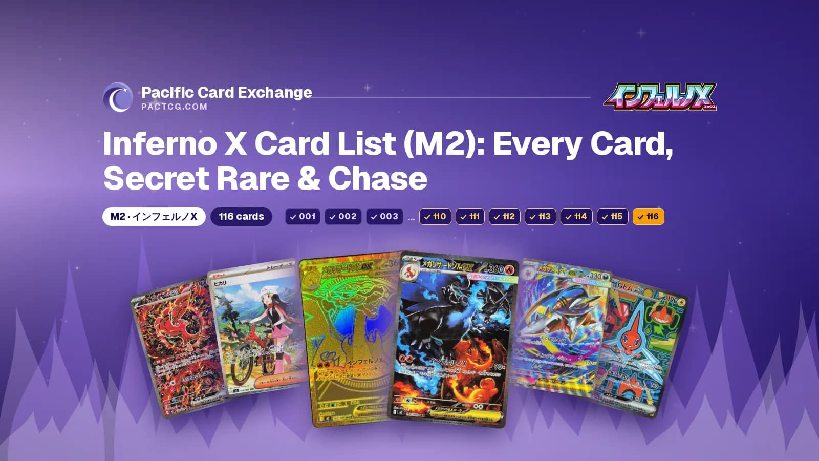 Title Inferno X Card List (M2): Every Card, Secret Rare & Chase above the Mega Charizard X ex Mega Ultra Rare and Special Art Rare side by side on a blue-flame backdrop, on a purple Pacific Card Exchange banner.