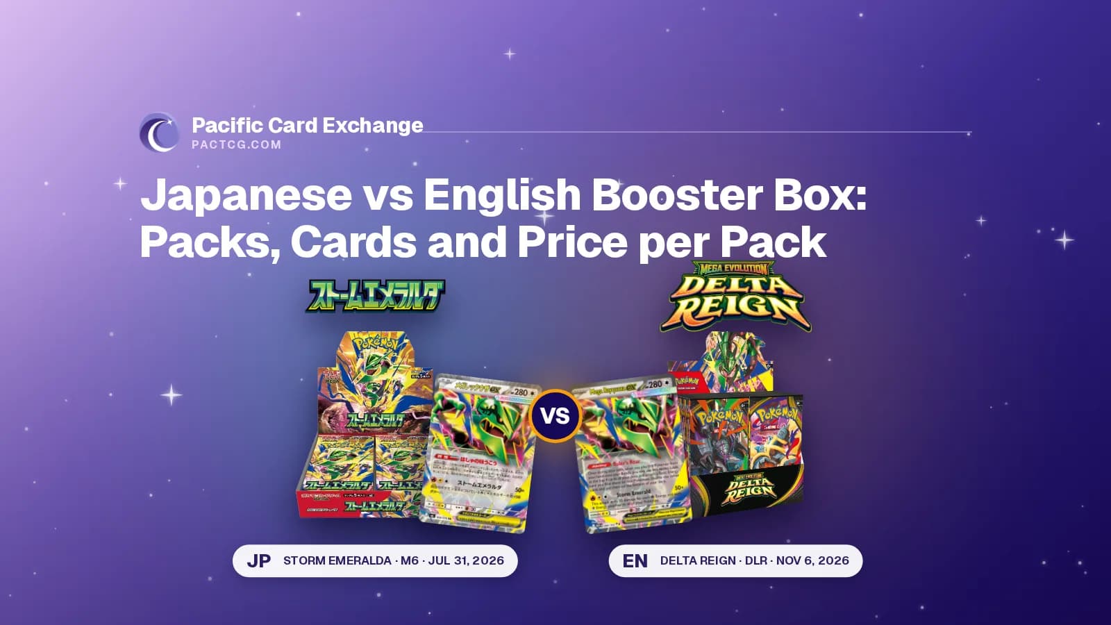 Title Japanese vs English Booster Box above the Japanese Storm Emeralda (M6) box and Mega Rayquaza ex card facing the English Delta Reign box and card, with both set logos, a VS badge and release dates.