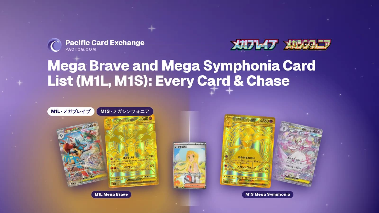 Title Mega Brave and Mega Symphonia Card List (M1L, M1S): Every Card & Chase above the Mega Lucario ex and Mega Gardevoir ex Mega Ultra Rares on a split orange and pink backdrop, on a purple Pacific Card Exchange banner.