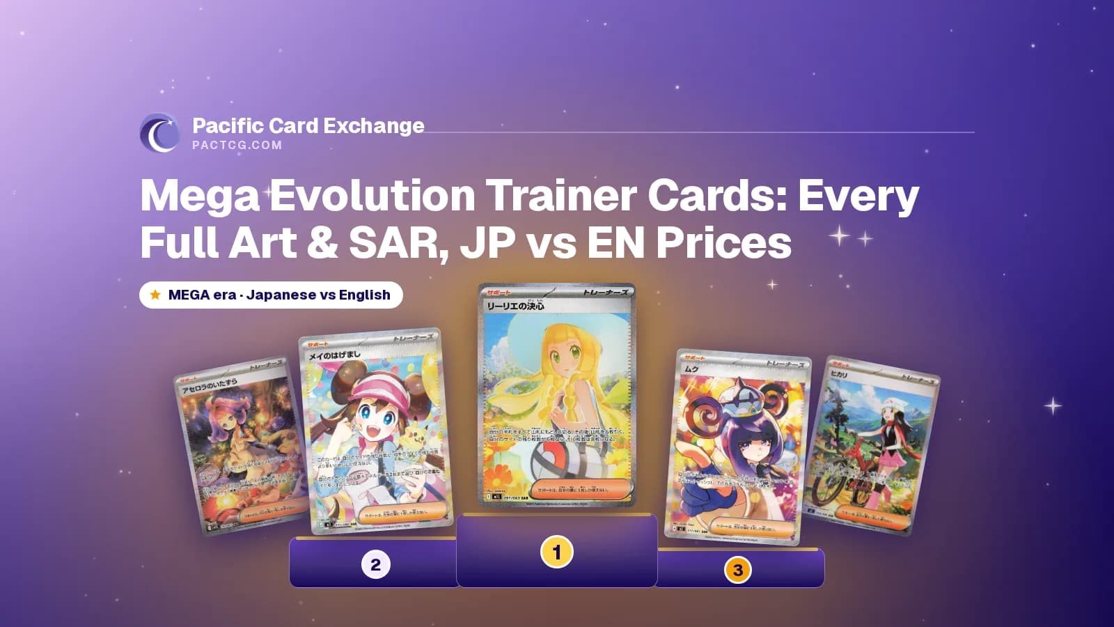 Title Mega Evolution Trainer Cards: Every Full Art & SAR, JP vs EN Prices above a podium of Japanese Lillie's Determination, Rosa's Encouragement and Gwynn Special Art Rares, on a purple Pacific Card Exchange banner.