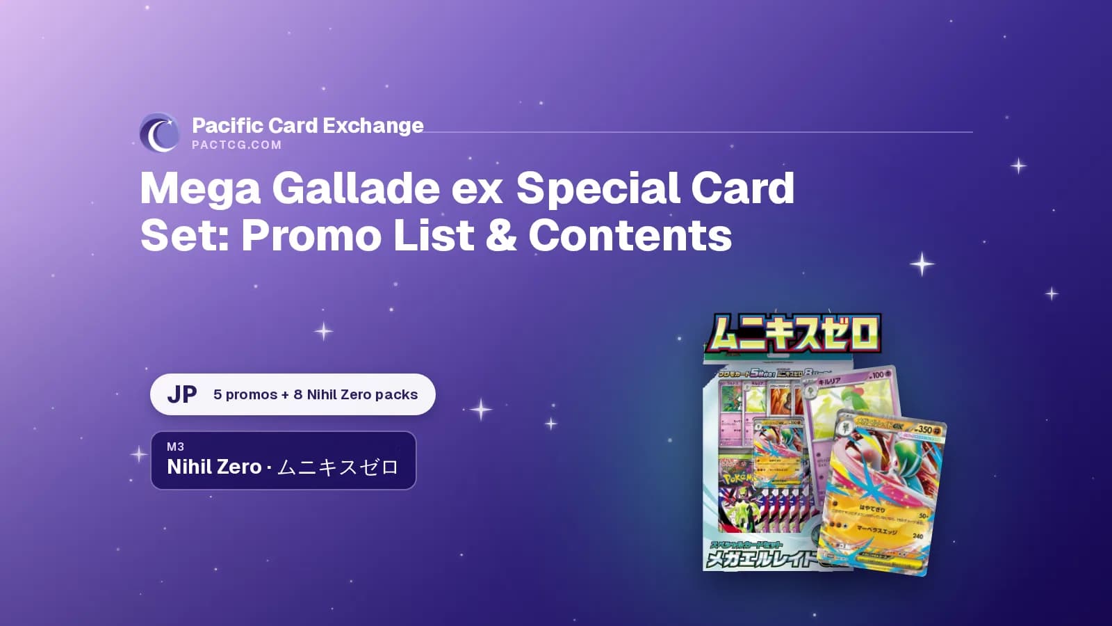 Title Mega Gallade ex Special Card Set: Promo List & Contents beside the Nihil Zero logo, the sealed Japanese Mega Gallade ex Special Card Set and the Mega Gallade ex and Kirlia promo cards.