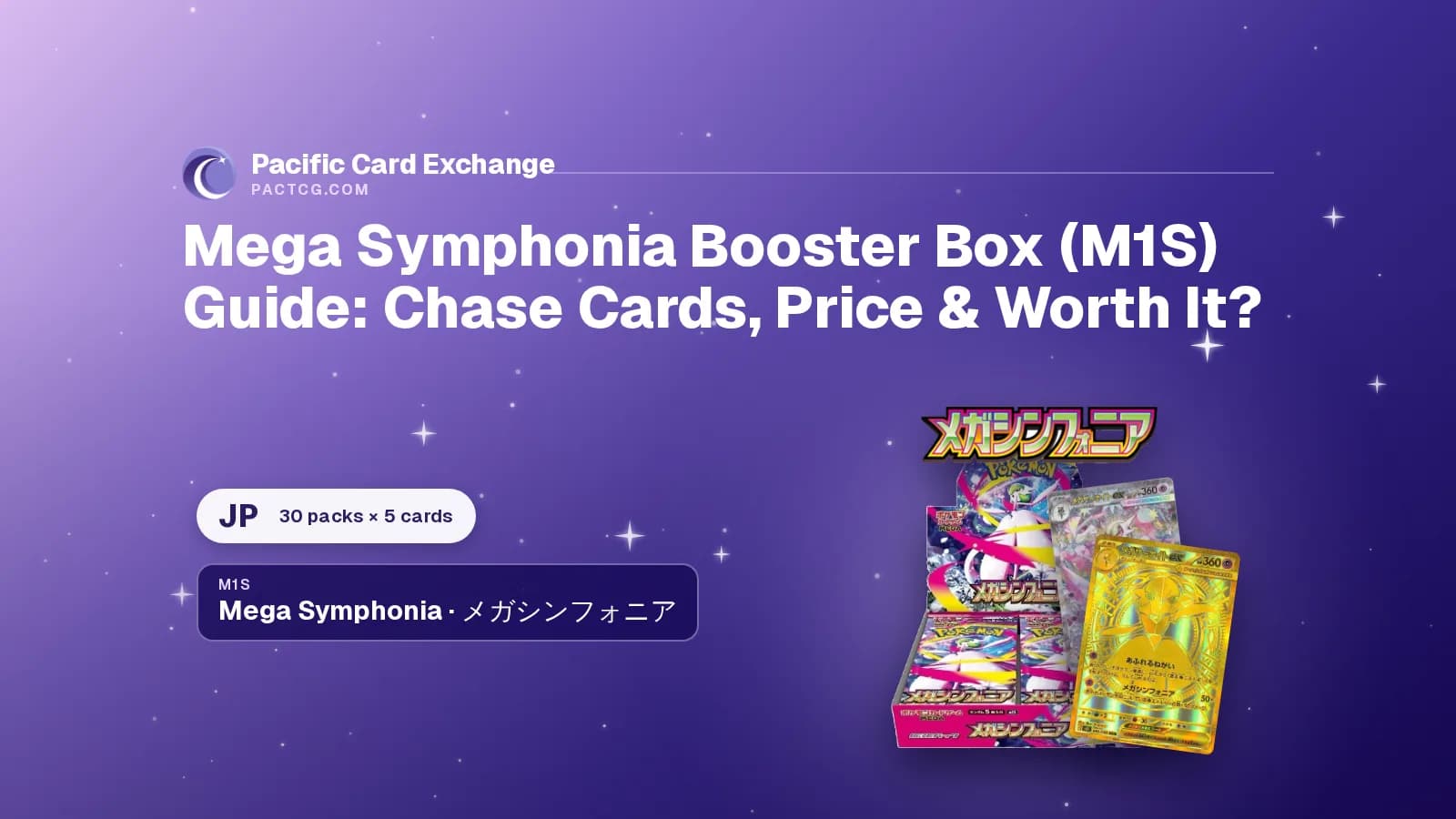 Title Mega Symphonia Booster Box (M1S) Guide: Chase Cards, Price & Worth It? beside the Mega Symphonia logo, the Japanese M1S booster box and the Mega Gardevoir ex Mega Ultra Rare and Special Art Rare cards.