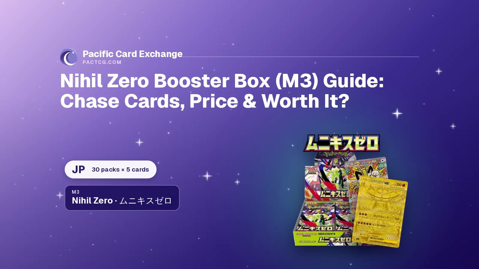 Title Nihil Zero Booster Box (M3) Guide: Chase Cards, Price & Worth It? beside the Nihil Zero logo, the Japanese M3 booster box, the Mega Zygarde ex Mega Ultra Rare and Meowth ex Special Art Rare cards on a purple PACTCG banner.