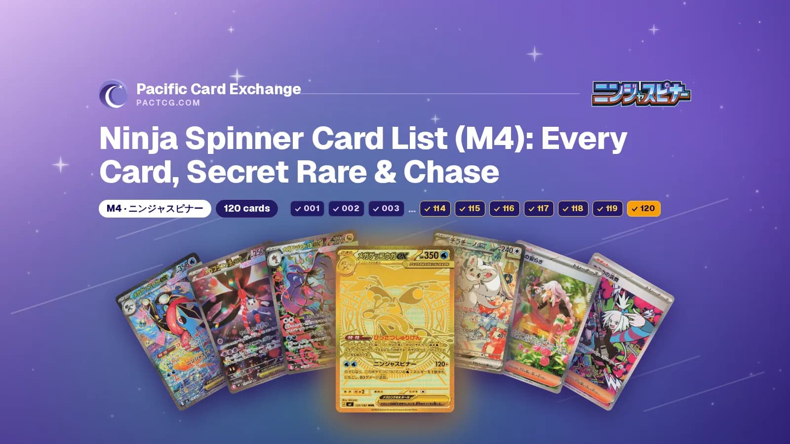 Title Ninja Spinner Card List (M4): Every Card, Secret Rare & Chase above the gold Mega Greninja ex Mega Ultra Rare and the set's six Special Art Rares fanned on a blue backdrop, on a purple Pacific Card Exchange banner.