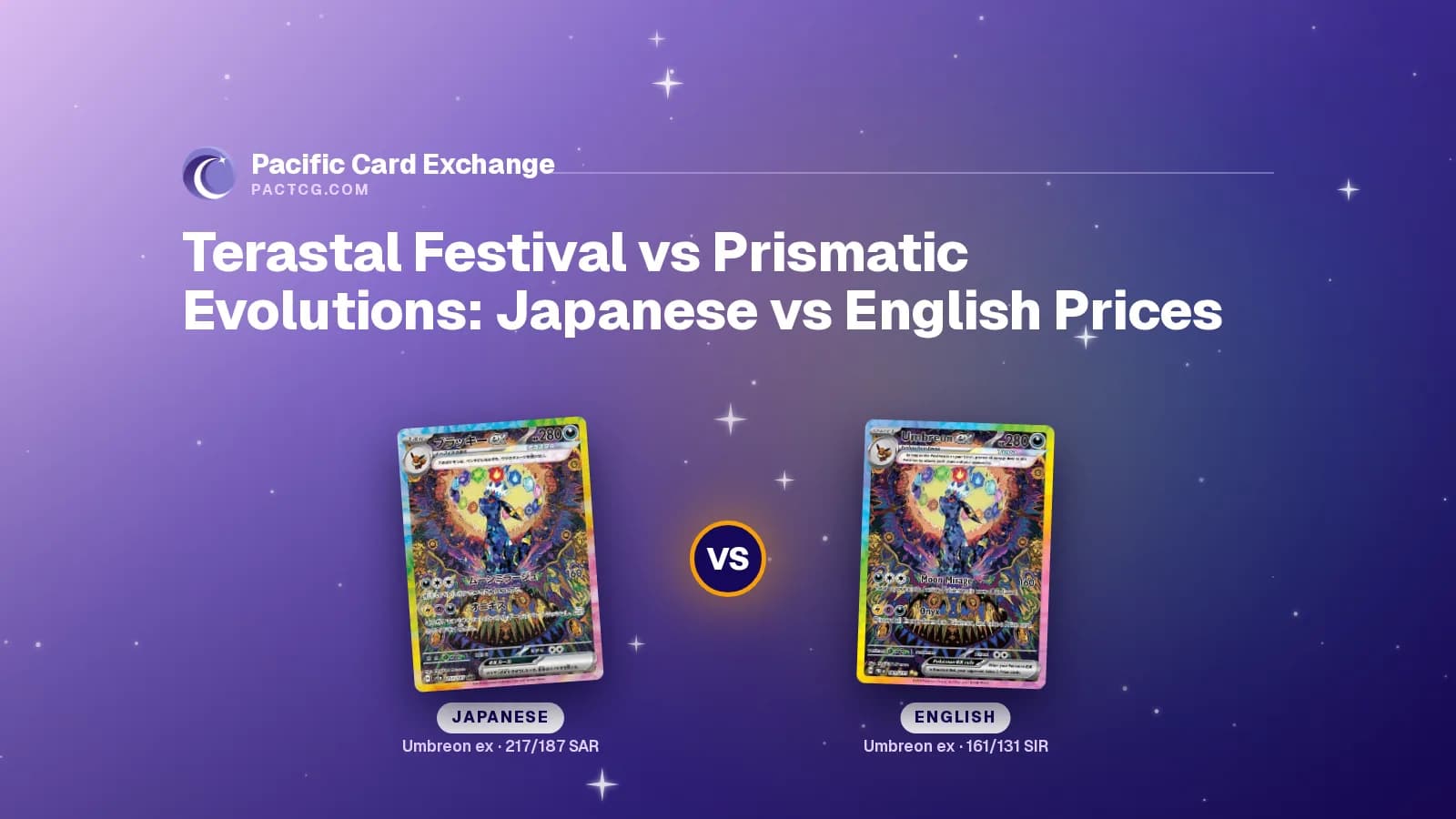 Title Terastal Festival vs Prismatic Evolutions: Japanese vs English Prices above the Japanese Umbreon ex 217/187 Special Art Rare and the English 161/131 Special Illustration Rare, split by a VS badge.